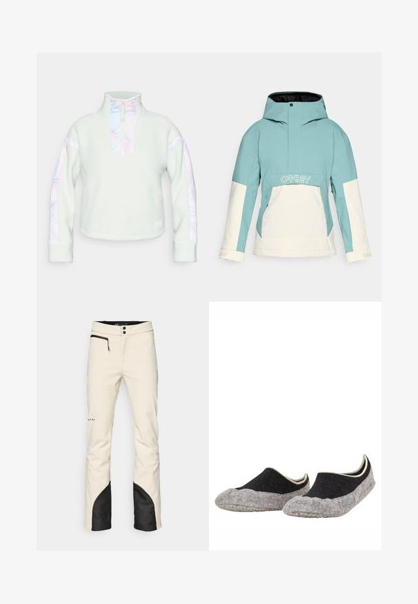 Light blue and white ski jacket with a hood, featuring a front pocket, zippered side vents, and contrasting color panels. Logo on chest.; Fleece pullover in light mint with a half-zip collar. Features iridescent accent stripes on sleeves and a textured material.; Men's ski pants in cream with a black accent at the hem. Features a zippered pocket, button closure, and tapered legs. Soft, water-resistant material.; Pair of black and gray soft slip-on slippers with textured soles, designed for indoor comfort and warmth.