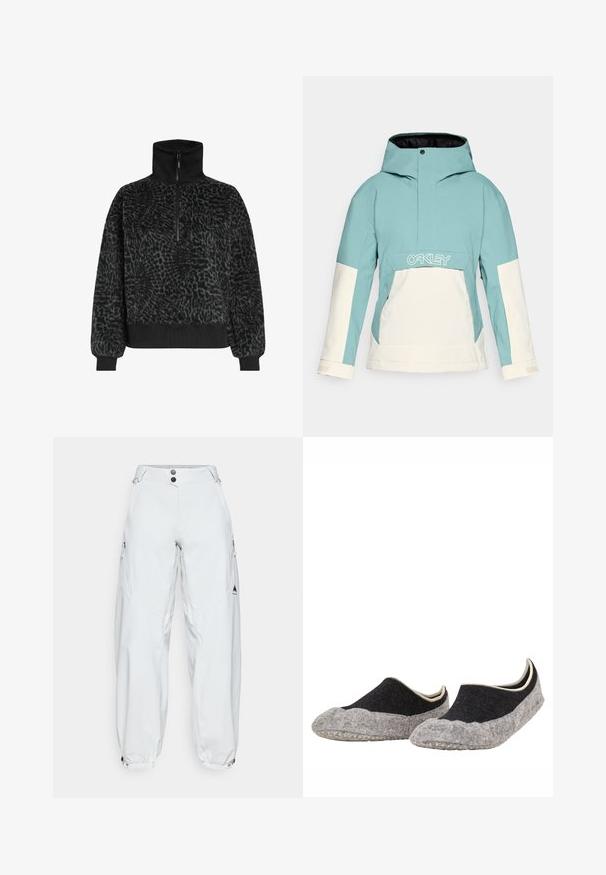 Φωτεινό μπλε και λευκή σκι jacket με κουκούλα, διαθέτοντας μπροστινή τσέπη, φερμουάρ πλάγια αερισμού και πάνελ αντίθεσης χρώματος. Λογότυπο στο στήθος.; Μαύρος υφασμάτινος φλις πόλο με ψηλό γιακά και μισό φερμουάρ, διαθέτοντας ραμμένα μανίκια και κάτω μέρος για στενή εφαρμογή.; Λευκά, φαρδιά παντελόνια σκι κατασκευασμένα από αδιάβροχο υλικό, με δύο φερμουάρ στις πλαϊνές τσέπες, κλείσιμο με κουμπί και ελαστικές μανσέτες.; Ζευγάρι μαύρα και γκρι μαλακά παντόφλες χωρίς κορδόνια με υφή στις σόλες, σχεδιασμένες για άνεση και ζεστασιά μέσα στο σπίτι.