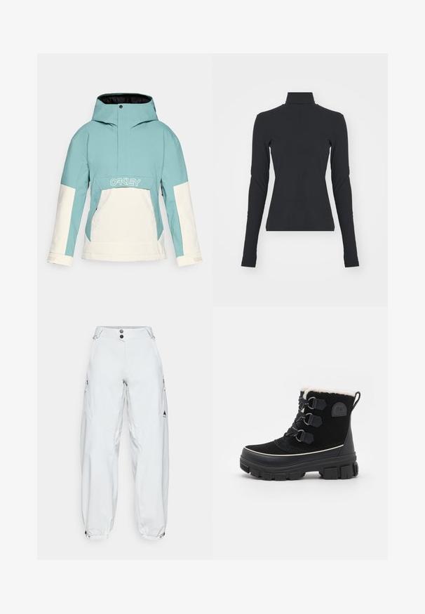 Lyseblå og hvid skijakke med hætte, der har en forlommeslomme, lynlåsede sidelufte, og kontrastfarvede paneler. Logo på brystet.; Sort ribbet turtle neck bluse med lange ærmer, tætsiddende pasform, glat tekstur og subtil stræk, designet til komfort og lagdeling.; Hvide, løstsiddende skibukser lavet af vandtæt materiale, med to lynlåslommer på siderne, knaplukning og elastiske manchetter.; Sorte vandtætte støvler med overdel af ruskind, for af kunstpels, tre øjer snøresystem, tyk gummisål og kontrasterende hvid trim.