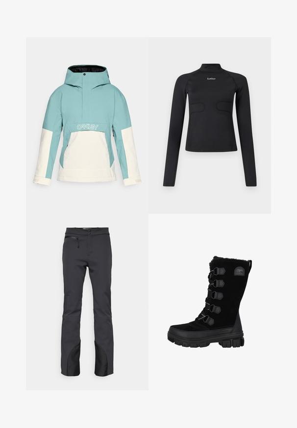 Φωτεινό μπλε και λευκή σκι jacket με κουκούλα, διαθέτοντας μπροστινή τσέπη, φερμουάρ πλάγια αερισμού και πάνελ αντίθεσης χρώματος. Λογότυπο στο στήθος.; Μαύρη κοντομάνικη εφαρμοστή μπλούζα με ψηλό γιακά και λευκό λογότυπο "LeGer" στο κέντρο του στήθους σε λευκό φόντο.; Μαύρο παντελόνι για εξωτερικές δραστηριότητες, κατασκευασμένο από τεχνικό ύφασμα, με τσέπη με φερμουάρ, επίπεδη ζώνη και μαύρες λεπτομέρειες στις μανσέτες.; Μαύρες αδιάβροχες χειμερινές μπότες με σουέτ επάνω μέρος, γούνινη κολάν και καουτσούκ σόλα. Περιλαμβάνει σχέδιο με κορδόνια και εξάγωνα μπροστινά τρυπήματα, καθώς και λογότυπο.