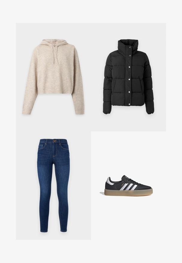 Chaqueta acolchada negra con cuello alto, mangas largas, botones de presión en la parte delantera y bolsillos laterales, mostrada sobre un fondo gris claro.; Sudadera corta de punto beige con capucha, mangas largas y cordones, mostrada sobre un fondo liso y claro.; Vaqueros skinnies de mezclilla azul oscuro con una cintura alta, diseño clásico de cinco bolsillos, costuras de contraste sutiles y cierre de botón metálico.; Zapatilla deportiva de cuero negro con tres rayas plateadas, punta texturizada y suela de goma. Cuenta con un collar acolchado y un diseño con cordones.