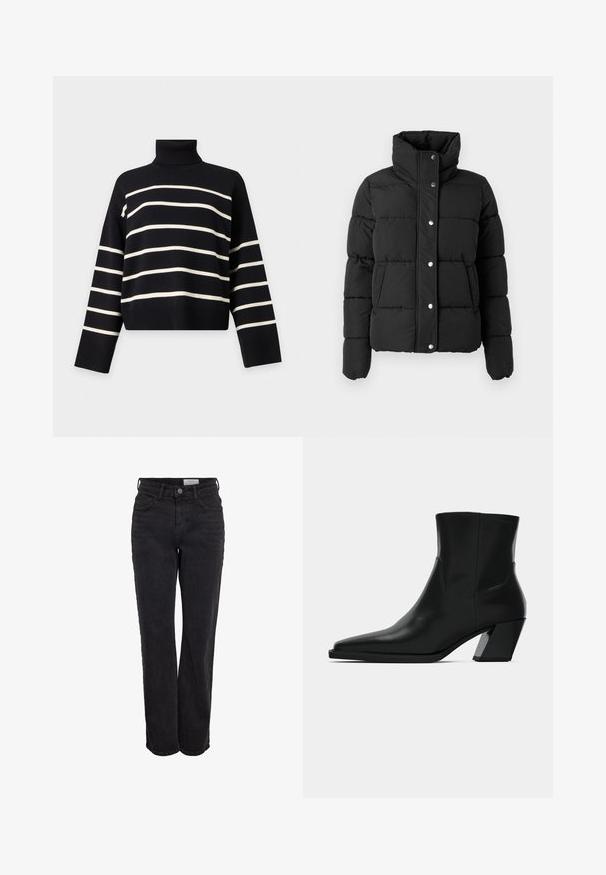 Doudoune matelassée noire avec col montant, manches longues, boutons-pression à l'avant et poches latérales, présentée sur un fond gris clair.; Pull à col roulé noir à manches longues avec des rayures blanches horizontales sur le corps et les manches.; Jean droits taille haute noirs avec bouton à l'avant et poches, passants de ceinture, et décoloration subtile sur un fond blanc.; Bottine en cuir noir avec un bout pointu, une silhouette élégante et un talon carré massif. Texture lisse avec des détails de couture minimalistes.