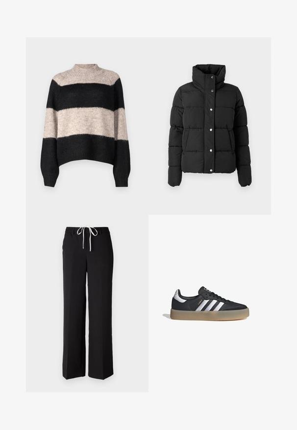 Chaqueta acolchada negra con cuello alto, mangas largas, botones de presión en la parte delantera y bolsillos laterales, mostrada sobre un fondo gris claro.; Suéter a rayas con cuello alto, que presenta tres bandas horizontales en negro y beige claro. Confeccionado en un material de punto suave y texturizado.; Pantalones de pierna ancha negros, confeccionados con una tela suave, que cuentan con una cintura con cordón en blanco. Diseño ajustado con bolsillos laterales.; Zapatilla deportiva de cuero negro con tres rayas plateadas, punta texturizada y suela de goma. Cuenta con un collar acolchado y un diseño con cordones.