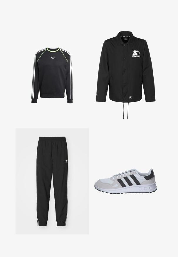 Veste d'entraîneur noire en matériau lisse et léger. Dotée de boutons-pression, d'un ourlet à cordon de serrage et d'un logo blanc sur la poitrine.; Sweat-shirt noir avec un design à trois rayures blanches sur les manches et des accents vert citron. Il présente un col rond et un petit logo sur la poitrine.; Pantalons de jogging noirs avec taille élastique et poignets, présentant des rayures latérales blanches et un petit logo Adidas blanc sur la hanche gauche.; Chaussure de sport grise et blanche avec une tige en maille, des accents en cuir suédé, trois rayures noires et une semelle en caoutchouc texturée avec des découpes rondes.