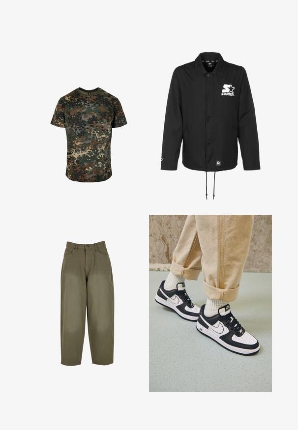 Must musta jakk, mis on valmistatud siledast ja kergest materjalist. Omab nööpidega kinnitusi,Drawstring alumist äärt ja valget logo rinnal.; Kamofoon T-särk, mis on valmistatud puuvillast ja millel on mitme tooni muster rohelises, pruunis ja mustas. Ümmargune kaelus ja lühikesed varrukad.; Olive roheline lai jalgadega püksid, mis on valmistatud puuvillast, koos nööbi ja lukuga, viie taskuga ning puhta ja siledapinnaga.; Mustvalge Nike Air Force 1 tossud nahast pealsega, perforeeritud varbaga ja tekstuurse tallaga, kantud kergete beige pükstega, mille alumine serv on üles keeratud, ja valgete sokkidega.