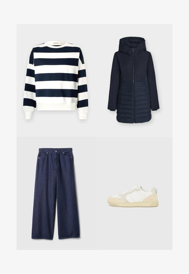Veste d'hiver longue bleu marine avec capuche, fermeture éclair frontale et motif matelassé horizontal sur la moitié inférieure.; Sweatshirt rayé bleu marine et blanc avec un col rond, des manches longues et des poignets côtelés. Tissu doux avec une coupe décontractée.; Jean denim bleu foncé à jambes larges avec une texture lisse, design à cinq poches, fermeture par bouton métallique et détails cousus le long des coutures.; Baskets blanches et beiges avec dessus en suède et textile, présentant des coutures contrastées, une semelle en caoutchouc et un accent bleu clair sur le talon.