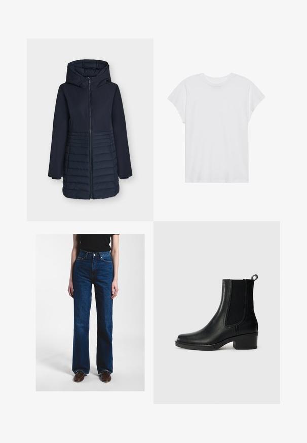 Marineblaue lange Winterjacke mit Kapuze, Frontreißverschluss und horizontalem Steppmuster auf der unteren Hälfte.; Weißes kurzärmliges T-Shirt mit Rundhalsausschnitt, lockerer Passform, aus weichem Baumwollstoff. Glatte Textur, keine Muster oder Logos.; Person trägt hoch taillierte, dunkelblaue Jeans mit geradem Bein, ein schwarzes kurzärmeliges Oberteil und braune Lederschuhe vor einem einfarbigen Hintergrund.; Schwarze Leder-Ankle-Boots mit elastischen Seitenpaneelen, runder Zehenpartie und Blockabsatz. Glatte Textur und gestepptes Detail.