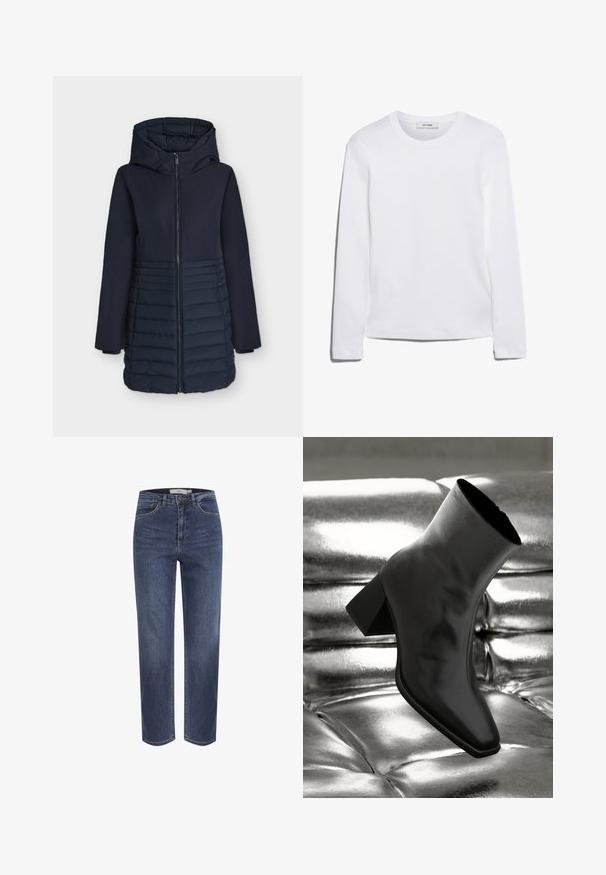 Marineblaue lange Winterjacke mit Kapuze, Frontreißverschluss und horizontalem Steppmuster auf der unteren Hälfte.; Langärmliges weißes T-Shirt aus geripptem Baumwollstoff, mit rundem Ausschnitt und geradem Saum. Einfaches Design ohne Muster oder Akzente.; Blaue Jeans mit geradem Bein, vorderen Taschen, Gürtelschlaufen und Knopfverschluss, dargestellt vor weißem Hintergrund.; Schwarzer Knöchelstiefel aus glänzendem Material mit quadratischer Zehenform und verjüngtem Absatz, vor einem glänzenden silbernen gepolsterten Hintergrund.