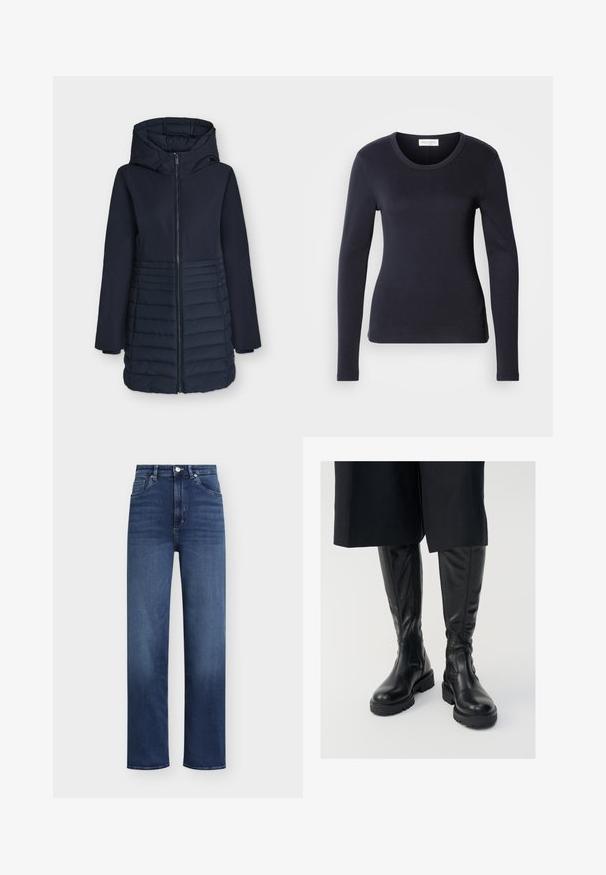 Chaqueta de invierno larga con capucha en azul marino, con cremallera frontal y patrón acolchado horizontal en la mitad inferior.; Top ajustado de manga larga negro, fabricado con un tejido suave, con un cuello redondo y un diseño simple, que presenta una pequeña etiqueta en el lado inferior.; Jeans de mezclilla azul oscuro con cintura alta, diseño de pierna recta y estilo clásico de cinco bolsillos. Presentan cierre de botón y cremallera.; Botas de cuero negras hasta la rodilla con una textura suave, suelas gruesas y cremalleras laterales. El diseño presenta un sutil detalle de costura.