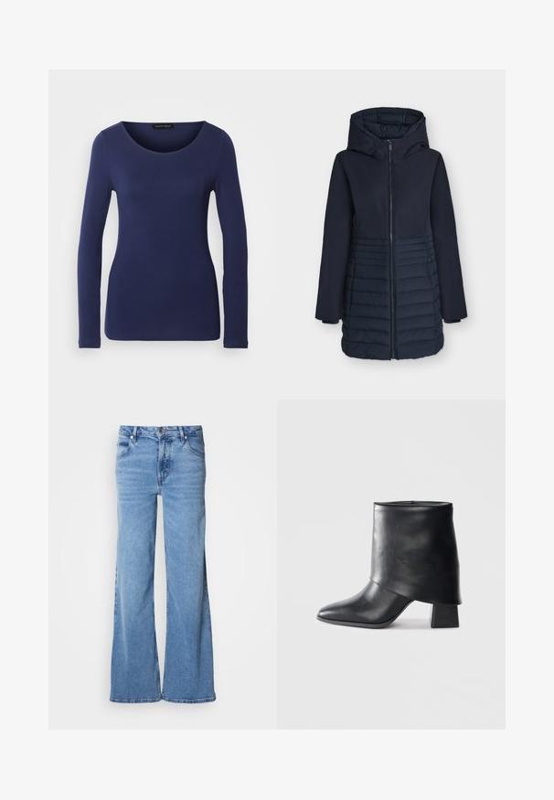 Donkerblauwe lange winterjas met capuchon, ritssluiting aan de voorkant en horizontaal doorgestikt patroon op de onderste helft.; Marineblauw langemouwen T-shirt van zacht materiaal met een ronde halslijn en een getailleerd ontwerp. Geen zichtbare patronen of accenten.; Lichtblauwe jeans met wijde pijpen, gemaakt van denim. Voorzien van een klassiek ontwerp met vijf zakken en een zichtbare knoopsluiting. Zachte textuur en een eenvoudige afwerking.; Zwarte leren enkellaars met een spitse neus, een zachte textuur en een gestructureerde blokhak. Kenmerkt zich door een hoge, gevouwen kraag.