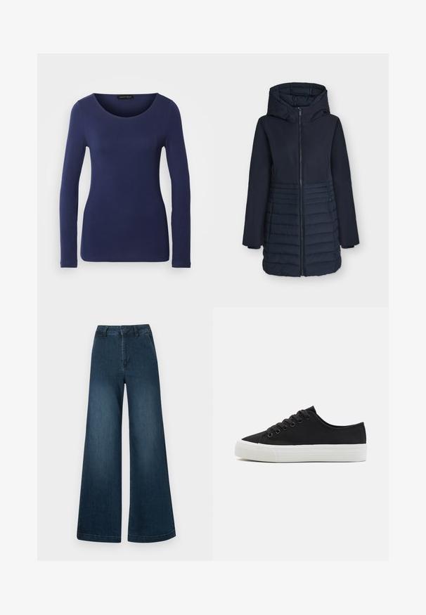 Donkerblauwe lange winterjas met capuchon, ritssluiting aan de voorkant en horizontaal doorgestikt patroon op de onderste helft.; Marineblauw langemouwen T-shirt van zacht materiaal met een ronde halslijn en een getailleerd ontwerp. Geen zichtbare patronen of accenten.; Donkerblauwe hoge taille wijde spijkerbroek met front pockets en riemlussen op een witte achtergrond.; Zwarte canvas sneakers met een witte rubberen zool, voorzien van zes vetersleuven en een ronde neus. Eenvoudig ontwerp met minimale accenten.