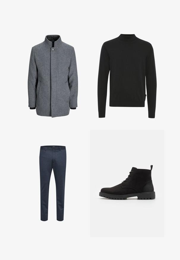 Meeste hall villane mantel, millel on püsti kaelus, esine nuppude ja tõmbluku kinnitusega ning küljetaskud, esitatud valge tausta taustal.; Must turtleneck, mis pehmeast kangast. Omab pikki varrukaid, tihedat kaela ja diskreetset brändilippu allääres. Sile tekstuur.; Tumed sinised püksid, mis on valmistatud tekstureeritud kangast ja millel on slim fit stiil, varustatud nööbikinnituse ja vöörihmadega, sobivad nii igapäevaseks kui ka ametlikuks kandmiseks.; Mustadest nahast pahkluu saapad, ümarate varvastega, paelatega disain, kummist tallad, millel on mustrid, ja kandjal tõmbeaas lihtsaks selga panemiseks.