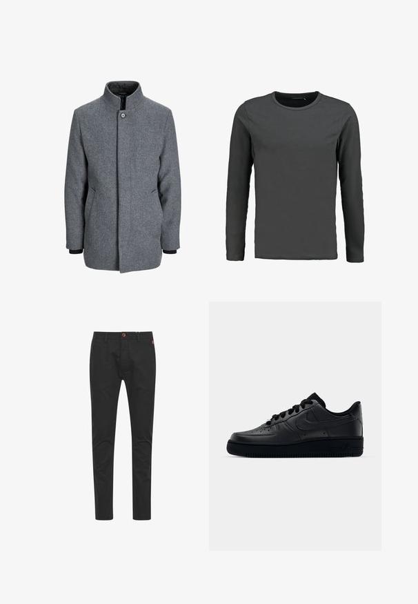 Grijze wollen mannenjas met opstaande kraag, sluiting met knopen en rits aan de voorkant, en zijzakken, weergegeven op een witte achtergrond.; Langsleeve t-shirt in donkergrijze katoen, met een ronde hals, rechte snit en een gladde textuur zonder patronen of accenten.; Zwarte chinos met een slim fit, gemaakt van katoen, voorzien van een bruine knoopsluiting, vier zakken en klassieke stikseldetails.; Zwarte Nike Air Force 1 sneaker met een gladde leren bovenkant, geperforeerde neus voor ademend vermogen, zwarte veters en een getextureerde rubberen zool.