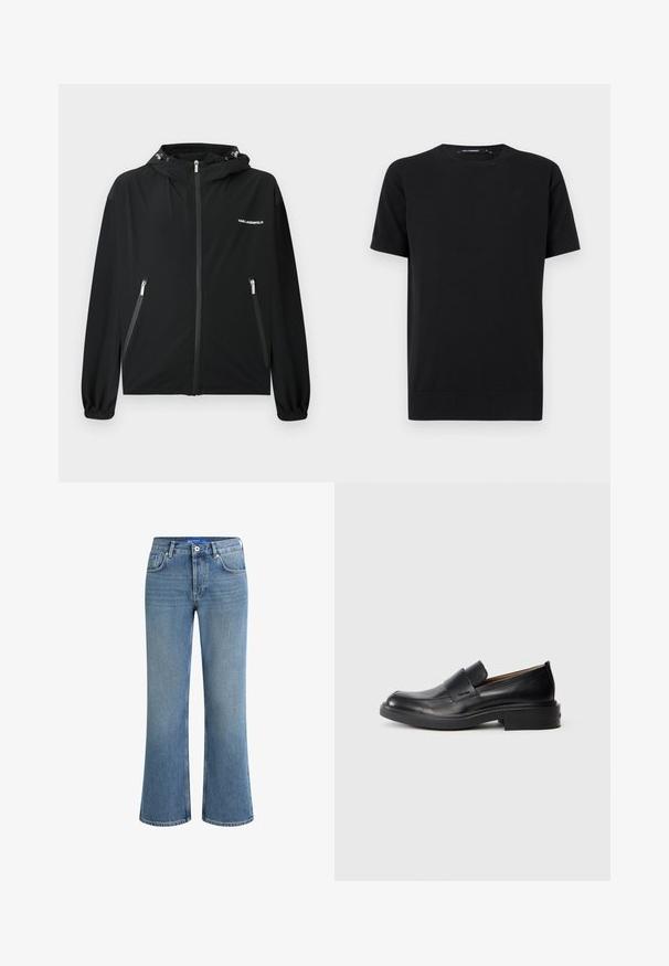 Musta huppari, jossa täysi etuvetoketju, vetoketjulliset sivutaskut, joustavat hihansuut ja pieni valkoinen "KARL LAGERFELD" -logo rinnassa.; Musta lyhythihainen pyöreäkauluksinen t-paita, jossa suora helma ja hillitty logo rinnassa yksiväristä taustaa vasten.; Vaaleansiniset farkut, joissa on levenevät lahkeet, keski-korkea vyötärö, viisi taskua ja hienovarainen, teksturoitu pinta. Farkuissa on myös normaali napin suljenta.; Musta nahkainen slip-on-mallinen juhlakenkä, jossa on matala kanta ja hienovarainen Calvin Klein -logo sivussa, esitetty profiloituna valkoista taustaa vasten.
