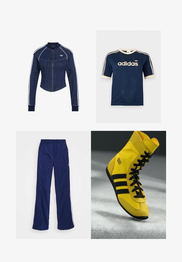 Donkerblauwe spijkerjas met ritssluiting aan de voorkant, witte strepen langs de mouwen, geribbelde kraag en manchetten, en klein Adidas-logo op de linkerborst.; Marineblauw Adidas mesh T-shirt met korte mouwen, crèmekleurige afwerking, drie crèmekleurige strepen op de mouwen en Adidas-logo op de borst.; Marine blauwe sportbroeken met een elastische tailleband, rechte pijpen en zijritsen. Heeft witte piping langs de zijkanten. Soepele stofstructuur.; Hoge sneakers van gele synthetische materialen, met zwarte veters, drie zwarte strepen en branding op de zijkant. Gekreukt rubberen zool.
