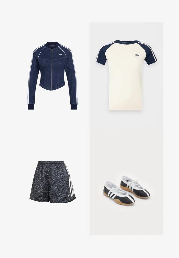 Donkerblauwe spijkerjas met ritssluiting aan de voorkant, witte strepen langs de mouwen, geribbelde kraag en manchetten, en klein Adidas-logo op de linkerborst.; Korte mouwen crème overhemd met marineblauwe raglanmouwen, witte strepen op de mouwen en een klein zwart Adidas-logo op de borst.; Zwarte shorts met een luipaardprint, elastische tailleband en drie witte verticale strepen langs de zijkanten.; Zwart-witte sport schoenen met een slank ontwerp, rubberen zool, vetersluiting en drie witte strepen aan de zijkanten.