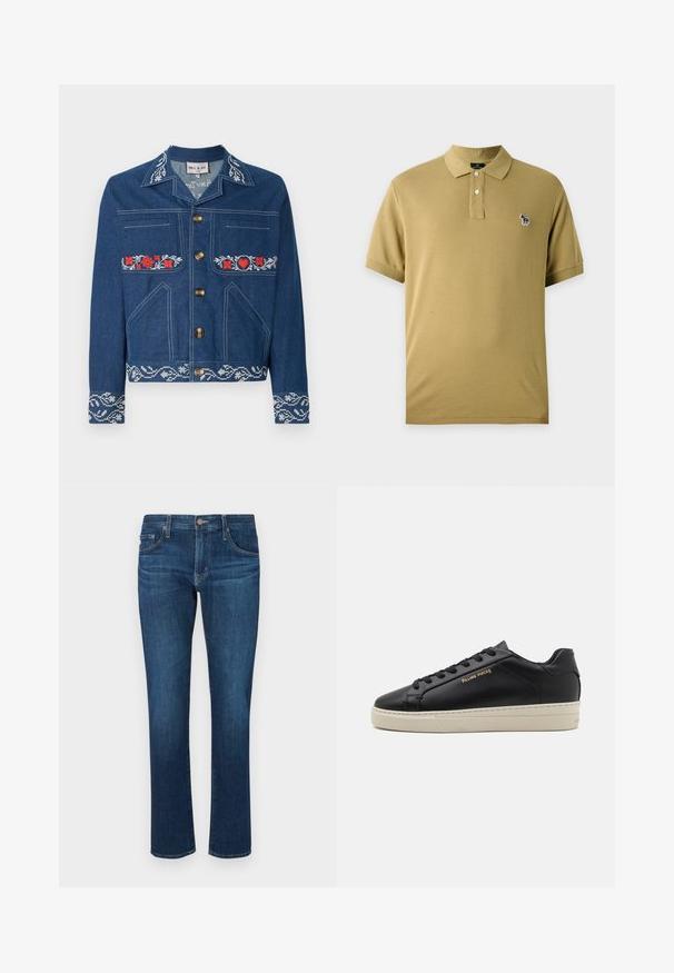 Dunkelblaue Jeansjacke mit roten floralen Stickereien, goldenen Knöpfen, Brust- und Seitentaschen sowie einem gemusterten Saum.; Beiges kurzärmeliges Poloshirt mit zwei Knöpfen und einem kleinen bestickten mehrfarbigen Zebra-Logo auf der linken Brust.; Dunkelblaue Jeans aus Denim mit geradem Bein, klassischem Fünf-Taschen-Stil und einem Knopfverschluss am Bund. Glatte Textur.; Schwarze Leder-Sneaker mit glatter Oberfläche, kontrastierender cremefarbener Sohle, abgerundeter Spitze, goldfarbenem Logo an der Seite und sechs Ösen für die Schnürsenkel.