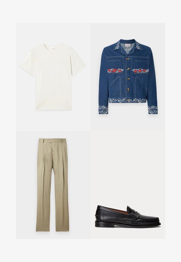 Denimjack in donkerblauw met rode bloemenborduursels, gouden knopen, borst- en zijzakken, en een gemusterde zoom.; Korte mouwen, ronde hals t-shirt in licht beige, zachte katoenen textuur met een relaxte pasvorm en zonder zichtbare patronen of accenten.; Beige op maat gemaakte broek met plooien aan de voorkant, riemlussen en een rechte pijp, getoond tegen een effen achtergrond.; Zwarte leren loafer met lage hak en penny-strap detail, van opzij getoond op een lichtgrijze achtergrond.