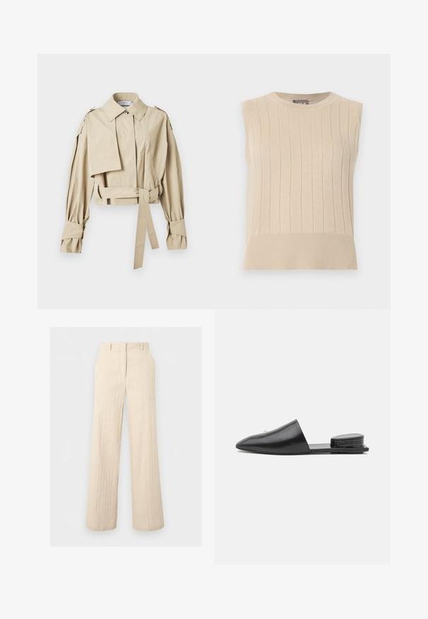 Trench-coat beige court avec large col, taille ceinturée, manches longues avec brides aux poignets et épaulettes.; Pull beige sans manches en maille avec un motif côtelé vertical et un ourlet large, comprenant un col rond.; Pantalon beige taille haute à jambes larges avec passants pour ceinture et détails de coutures, présenté à plat sur un fond gris clair.; Mules noirs en cuir à enfiler avec un bout pointu, un design minimal et un accent texturé au talon arrière. Surface lisse et semelle plate.
