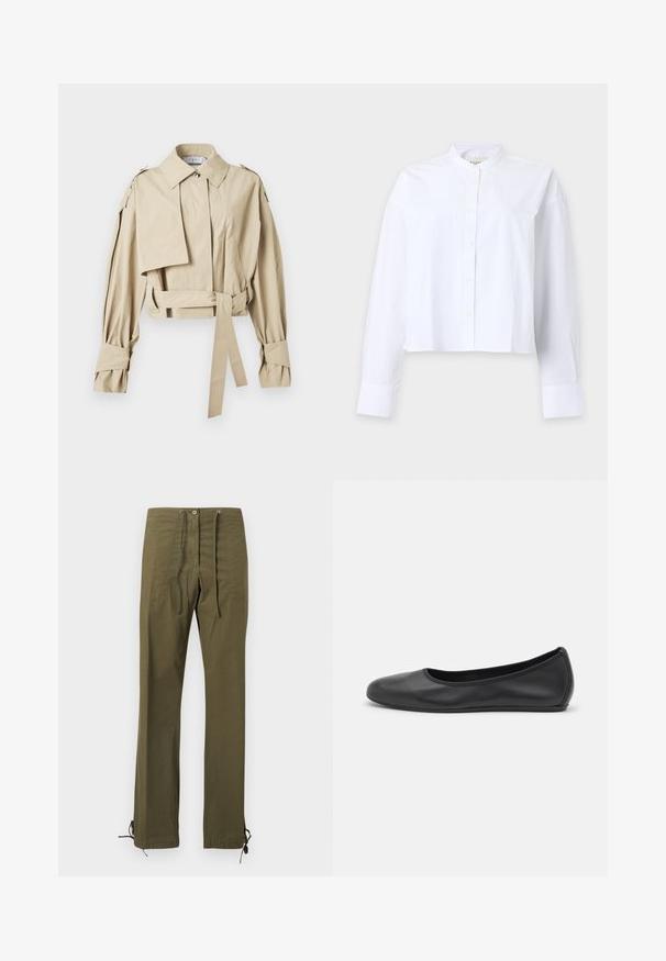 Trench-coat beige court avec large col, taille ceinturée, manches longues avec brides aux poignets et épaulettes.; Chemise blanche à manches longues avec boutons, col mandarin et coupe courte sur un fond clair uni.; Pantalon en coton vert olive à coupe décontractée, avec plis à l'avant, taille à cordon de serrage et liens ajustables aux ourlets pour personnalisation.; Ballerines en cuir noir avec un bout rond, texture lisse, détails de couture minimalistes et design de semelle flexible.