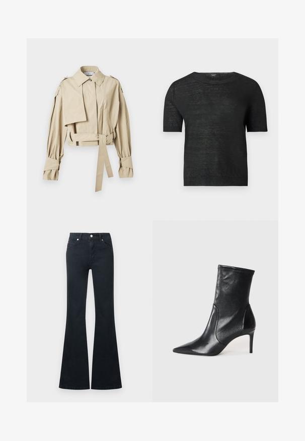 Trench-coat beige court avec large col, taille ceinturée, manches longues avec brides aux poignets et épaulettes.; Pull en maille noir à manches courtes avec col rond et poignets, ourlet et encolure côtelés, présenté sur un fond gris clair.; Jean en denim noir évasé avec une taille haute, cinq poches et une fermeture à bouton métallique. Texture lisse et détails de couture contrastés.; Bottes noires à la cheville en cuir lisse, dotées d'un bout pointu, d'un tige ajustée et d'un talon haut fin. Design minimaliste sans quincaillerie visible.