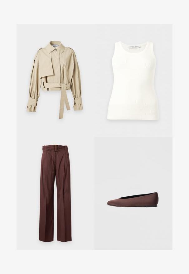 Trench-coat beige court avec large col, taille ceinturée, manches longues avec brides aux poignets et épaulettes.; Débardeur blanc côtelé sans manches avec encolure ronde, coupe ajustée, et étiquette de la marque à l'intérieur du col arrière.; Pantalon marron taille haute à jambes larges, devant plissé et ceinture assortie avec boucle rectangulaire en écaille.; Ballerines en tissu marron avec un bout pointu et une texture lisse, dotées d'un talon bas et d'une fine semelle noire. Aucune motif ni élément métallique visible.