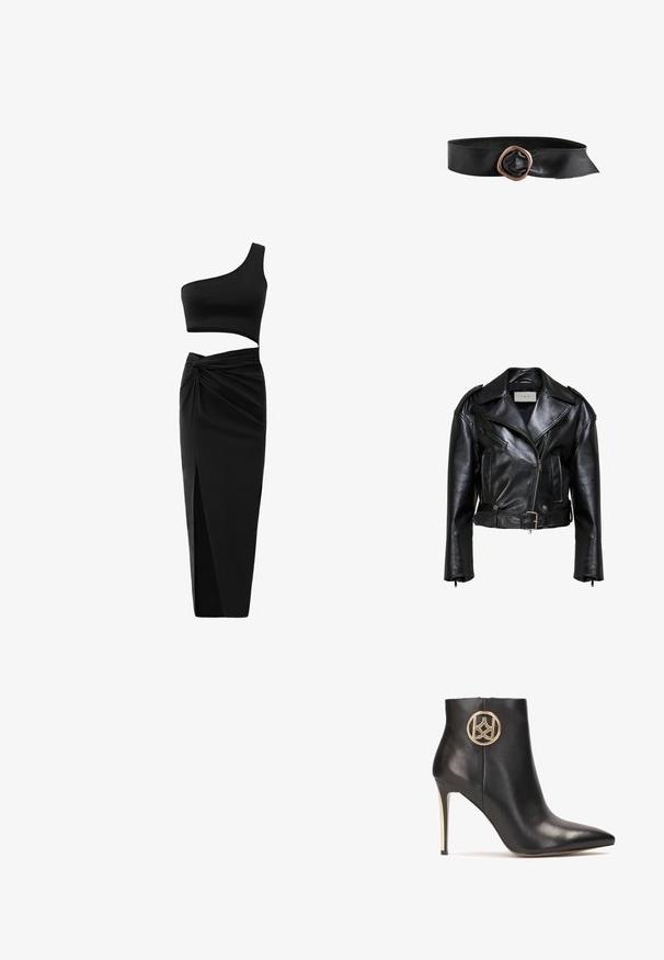 Chaqueta de cuero negra para motociclista con solapas anchas, cremallera frontal asimétrica, bolsillo en el pecho con cremallera, bolsillos laterales, cinturón en la cintura y hombreras.; Conjunto negro de dos piezas que incluye un top corto de un solo hombro y una falda de cintura alta con un detalle retorcido y una abertura lateral. Tejido suave.; Botín de cuero negro hasta el tobillo con punta afilada, tacón alto de aguja y un acento de logo circular dorado en el costado. Textura suave y diseño elegante.; Cinturón de cuero negro con una banda ancha y una gran hebilla metálica irregular de color cobre.