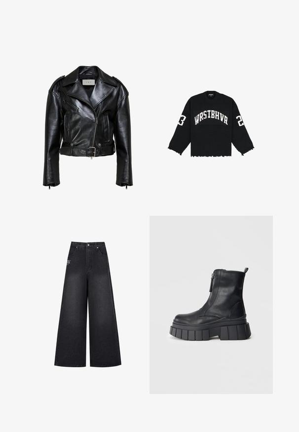 Sort læder bikerjakke med brede revers, asymmetrisk forreste lynlås, lynlåslomme på brystet, sidelommer, bælte i taljen og skulderstropper.; Sort strikket sweater med ribbet tekstur, der har et cropped design, frynset kant og hvidt grafisk tekst "WRSTBHVR" med tallene 23 og 22.; Bredde sorte denimbukser med høj talje, der har diskrete syninger og et lille logo på den forreste venstre lomme.; Sorte læder ankelstøvler med chunky rillede platformsåler og lynlås i siden, vist på en neutral grå baggrund.