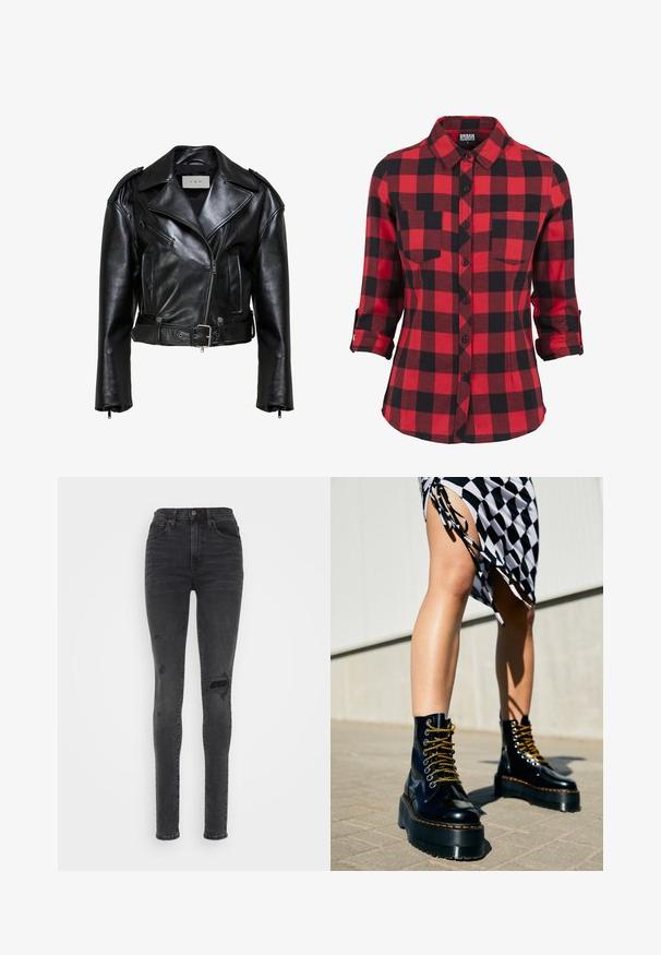 Schwarze Leder-Bikerjacke mit breiten Revers, asymmetrischem Frontreißverschluss, mit Reißverschluss versehener Brusttasche, Seitentaschen, Gürtel in der Taille und Schulterklappen.; Rot- und schwarzkariertes Flanellhemd, lange Ärmel mit hochgerollten Manschetten, spitzes Kragen, zwei Brusttaschen, durchgehende Knopfleiste, weiche Textur.; Dunkelgraue, enganliegende, hoch taillierte Jeans aus Denim mit abgenutzten Details, einschließlich Rissen am Knie und einer glatten Textur.; Schwarze Leder-Plateau-Stiefel mit klobigen Sohlen, goldenen Schnürsenkeln und orangefarbenen Nähten, kombiniert mit einem karierten Rock, der einen seitlichen Schlitz zeigt.