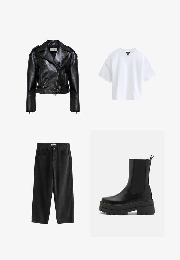 Schwarze Leder-Bikerjacke mit breiten Revers, asymmetrischem Frontreißverschluss, mit Reißverschluss versehener Brusttasche, Seitentaschen, Gürtel in der Taille und Schulterklappen.; Schlichtes weißes kurzärmeliges Cropped-T-Shirt mit rundem Ausschnitt und schwarzem Markenlabel innen im Kragen.; Schwarze, weit geschnittene Denim-Jeans mit mittelhoher Taille, die über zwei Fronttaschen, einen Knopfverschluss und dezente Nähedetails verfügt.; Simmi London FINLAY - Plateaustiefelette - black