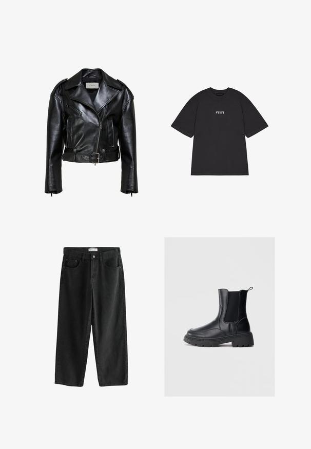 Schwarze Leder-Bikerjacke mit breiten Revers, asymmetrischem Frontreißverschluss, mit Reißverschluss versehener Brusttasche, Seitentaschen, Gürtel in der Taille und Schulterklappen.; Schwarzes Baumwoll-T-Shirt mit kurzen Ärmeln, das auf der Vorderseite einen kleinen weißen Grafiktext mit "PEGAIDOR PGDR" zeigt. Einfaches Design mit Rundhalsausschnitt.; Schwarze, weit geschnittene Denim-Jeans mit mittelhoher Taille, die über zwei Fronttaschen, einen Knopfverschluss und dezente Nähedetails verfügt.; Schwarze Chelsea-Boots aus glattem Leder, mit elastischen seitlichen Einsätzen, einer dicken, robusten Sohle und einer Ziehlasche hinten für ein einfaches An- und Ausziehen.