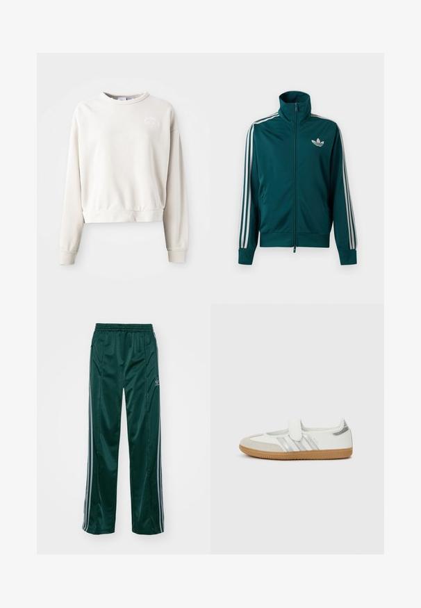Chaqueta deportiva con cremallera en color azul verdoso, con cuello alto, logo blanco de Adidas trefoil en el pecho y tres franjas blancas en cada manga.; Sudadera corta de color crema hecha de tejido suave, con cuello redondo, mangas largas y un logo bordado en el pecho.; Pantalones deportivos de color verde oscuro, hechos de un material brillante, con franjas laterales en gris claro y un logotipo bordado en la pierna izquierda.; Zapatilla blanca con rayas plateadas, puntera de ante y tira de velcro. Suela de goma perfilada color caramelo. Diseño minimalista con acabado liso.