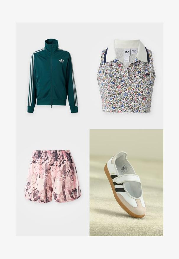 Türkiissinine lukuga jope kõrge kraega, valge Adidas trefoil logo rinnal ja kolm valget triipu igal varrukal.; Lille lillekirja särgiga, millel on valge alus ja sinised, punased ning kollased lilled. Kuulub valge kaeluse koos tumesiniste aktsentidega ja tikitud logo.; Roosa ja pruun muster ning elastse vöökohtaga ning küljetriipudega lühikesed püksid, millel on graafiline kujundus, mis meenutab lehestikku ja oksi.; Valge king, millel on roosa sametist varvas, mustad triibud ja Velcro rihm. Omab pruuni kummist talla ja külje peal logo.