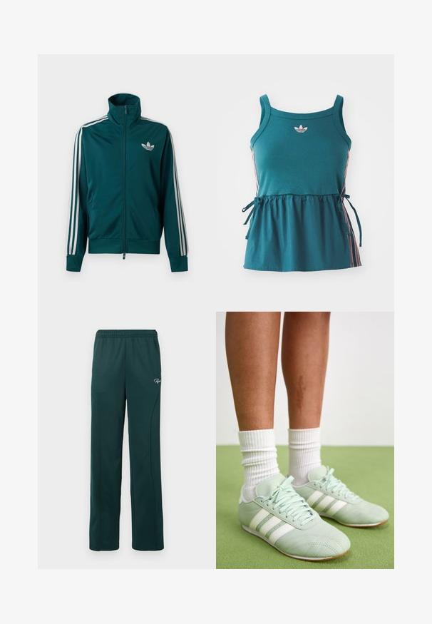Chaqueta deportiva con cremallera en color azul verdoso, con cuello alto, logo blanco de Adidas trefoil en el pecho y tres franjas blancas en cada manga.; Top sin mangas de color verde azulado con cintura fruncida, rayas laterales rosas y logotipo bordado. Fabricado con material suave, de corte relajado y con detalles de lazo.; Pantalones de chándal verde oscuro hechos de una tela suave, con una cintura elástica y costuras laterales, y un pequeño logo en la parte delantera.; Zapatillas deportivas de color verde menta con rayas blancas, textura de cuero suave, punta redondeada y suela de goma, combinadas con calcetines blancos de canalé.