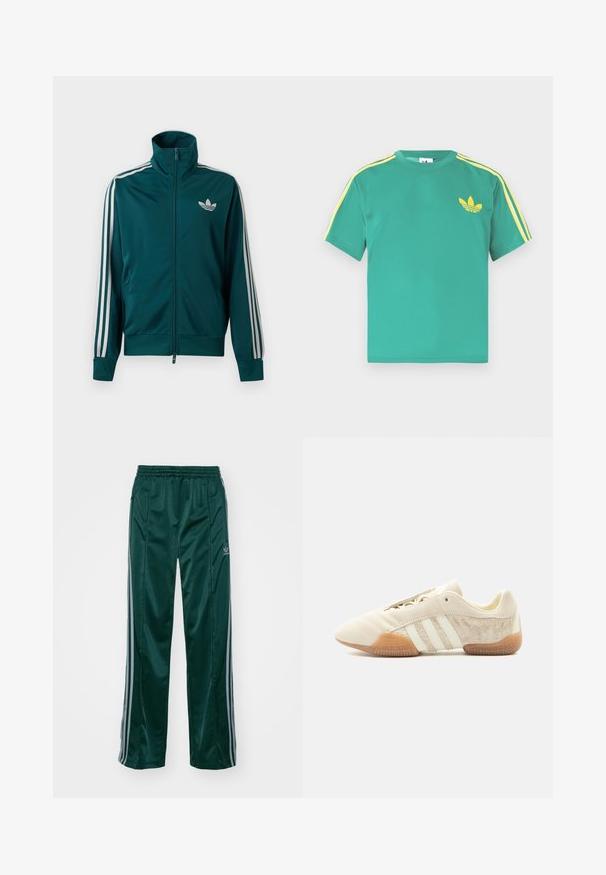 Veste de sport zippée bleu sarcelle avec col montant, logo blanc Adidas trefoil sur la poitrine, et trois bandes blanches sur chaque manche.; T-shirt en coton vert à manches courtes, avec des rayures jaunes le long des épaules et un logo brodé à trois feuilles sur la poitrine.; Pantalons de sport vert foncé en matériau brillant, avec des bandes latérales gris clair et un logo brodé sur la jambe gauche.; Baskets beige profil bas avec trois bandes blanches, panneaux latéraux en suède texturé, semelle en gomme et fermeture à lacets sur fond uni.