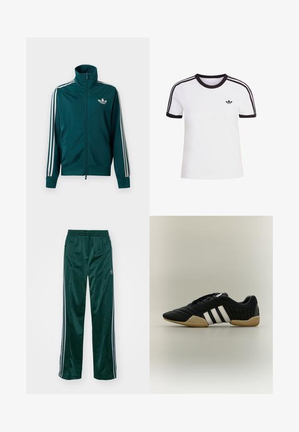 Veste de sport zippée bleu sarcelle avec col montant, logo blanc Adidas trefoil sur la poitrine, et trois bandes blanches sur chaque manche.; T-shirt blanc à manches courtes avec des accents noirs, dotée d'un col rond et de trois bandes noires sur chaque épaule. Petit logo noir sur la poitrine.; Pantalons de sport vert foncé en matériau brillant, avec des bandes latérales gris clair et un logo brodé sur la jambe gauche.; Chaussure de sport noire avec des bandes blanches et une semelle beige texturée sur un fond neutre, vue de profil.
