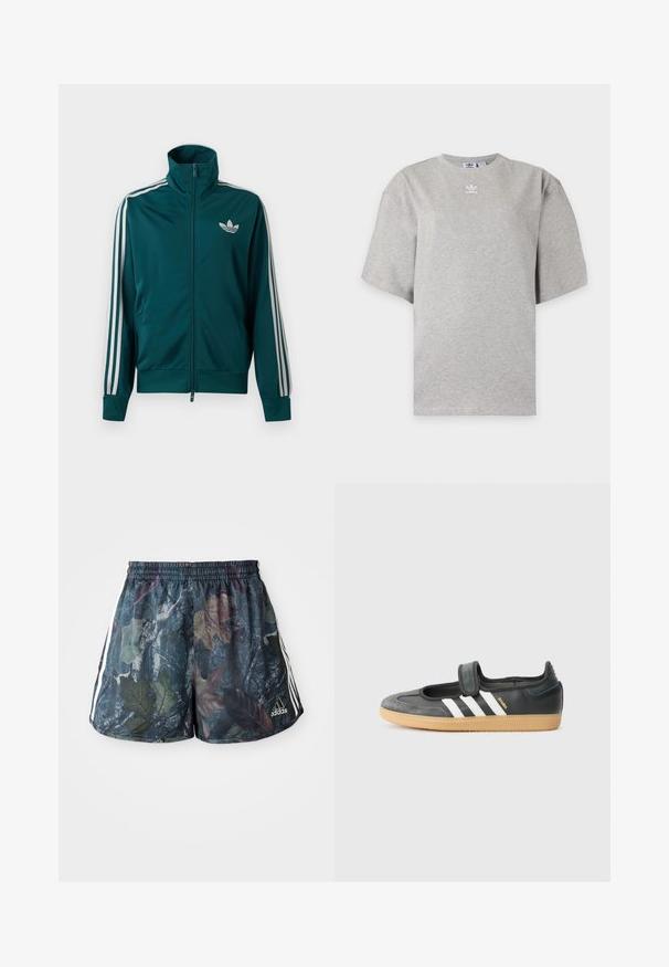Petrolejová športová bunda na zips s vysokým golierom, bielym logom Adidas trefoil na prsiach a tromi bielymi pruhmi na každom rukáve.; Svetlosivé tričko Adidas s krátkym rukávom, okrúhlym výstrihom a malým bielym logom Adidas na hrudi, zobrazené na jednoduchom pozadí.; Pánske šortky s viacfarebným vzorom listov na tmavom pozadí, s elastickým pásom a bočnými pruhmi v bielej farbe.; Čierne kožené a zamšové tenisky s Velcro pásikom, s tromi bielymi pruhmi a gumenou podrážkou, označené nápisom "SAMBA" na boku.