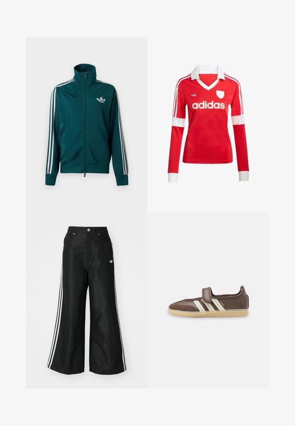 Petrolejová športová bunda na zips s vysokým golierom, bielym logom Adidas trefoil na prsiach a tromi bielymi pruhmi na každom rukáve.; Červený futbalový dres s dlhým rukávom a bielym golierom a manžetami. Na ramenách sú tri biele pruhy a výrazne zobrazené logo "adidas".; Čierne džínsy s širokým strihom, s tromi bielymi pruhmi po stranách a malým bielym logom. Obsahujú predné vrecká a zapínanie na gombík.; Hnedá teniska s béžovou gumovou podrážkou, tromi bielymi pásikmi na boku a jedným suchým zipsom na vrchu.