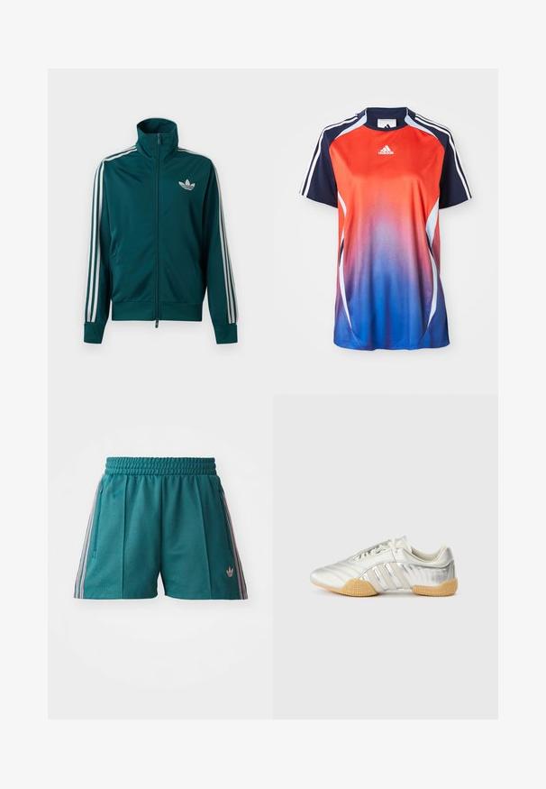 Tealkleurige trainingsjas met rits en hoge kraag, wit Adidas trefoil-logo op de borst en drie witte strepen langs elke mouw.; Adidas sportshirt met korte mouwen, voorzien van een gradient van rood naar blauw, met marineblauwe accenten en witte strepen langs de schouders.; Teal sportieve shorts met een elastische tailleband, met roze en witte gestreepte zijaccenten en ritszakken aan de zijkant. Logo op de zoom.; Zilveren sportschoen met een glad leren bovenwerk, rubberen zool en gestructureerde accenten. Heeft een gebogen ontwerp en tonale veters.