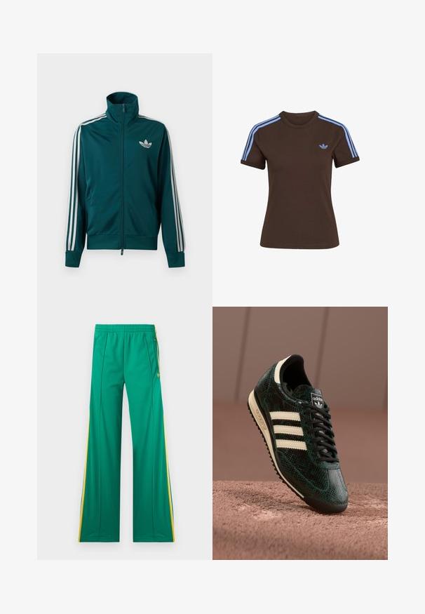 Teal zip-up track jacket with high collar, white Adidas trefoil logo on chest, and three white stripes down each sleeve.; Brown short-sleeve t-shirt with light blue three stripes on the shoulders and small light blue Adidas logo on the left chest.; Green track pants with yellow side stripes, elastic waistband, and zippered pockets, displayed flat against a white background.; Green textured sneaker with a snake-skin pattern, featuring three cream stripes, black laces, and a black outsole. Classic Adidas branding.