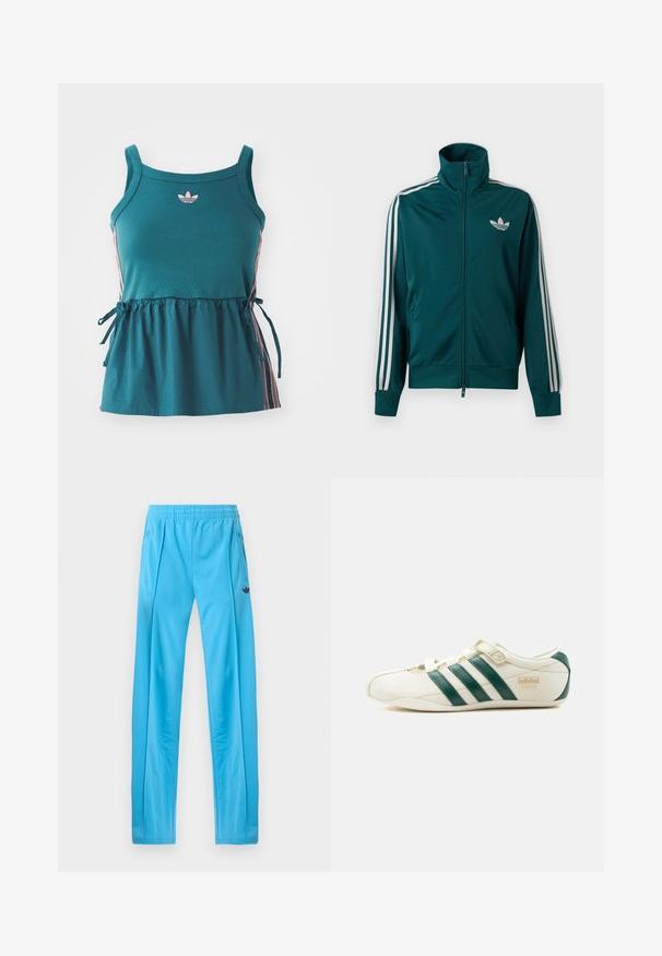 Petrolejová športová bunda na zips s vysokým golierom, bielym logom Adidas trefoil na prsiach a tromi bielymi pruhmi na každom rukáve.; Tyrkysový bezrukávový top so zhromaždeným pásom, ružovými bočnými pruhmi a vyšitým logom. Vyrobený z mäkkého materiálu s voľným strihom a viazanými detailmi.; Svetlomodré tepláky s elastickým pásom, bočnými vreckami na zips a malým čiernym logom na ľavom stehne.; Biela teniska so zelenými pruhmi, suchým zipsom a nápisom "Tokyo" na boku, zobrazená z vonkajšej strany na bielom pozadí.