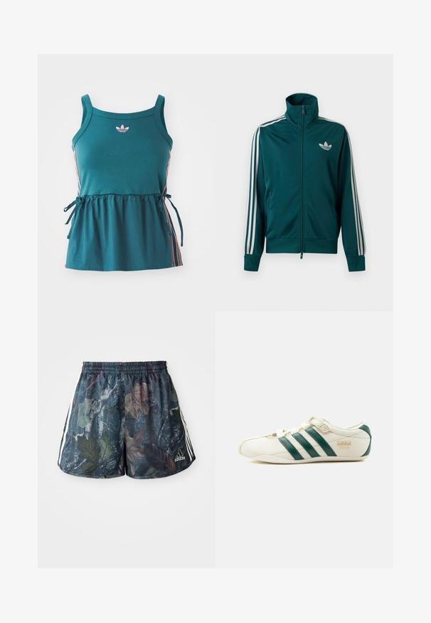 Veste de sport zippée bleu sarcelle avec col montant, logo blanc Adidas trefoil sur la poitrine, et trois bandes blanches sur chaque manche.; Haut sans manches teal avec taille froncée, rayures latérales roses et logo brodé. Fabriqué en matériau doux avec une coupe décontractée et des accents à nouer.; Un short pour adulte avec un motif de feuilles multicolores sur fond sombre, doté d'une taille élastique et de rayures blanches sur les côtés.; Baskets blanches à rayures vertes, avec une sangle à velcro et le texte « Tokyo » sur le côté, vues de l'extérieur sur un fond blanc.