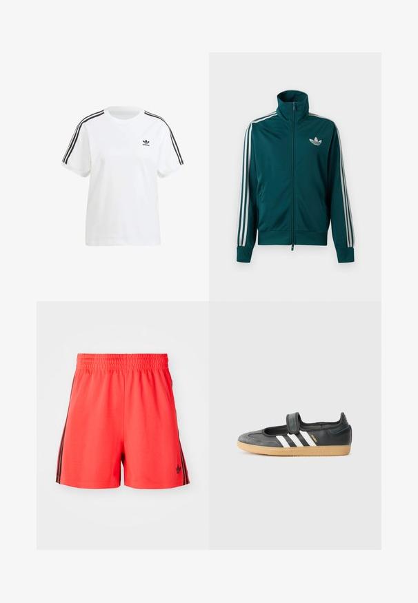 Petrolejová športová bunda na zips s vysokým golierom, bielym logom Adidas trefoil na prsiach a tromi bielymi pruhmi na každom rukáve.; Biela bavlnená tričko so krátkymi rukávmi, okrúhlym výstrihom a čiernymi vertikálnymi pruhmi na ramene, s malým čiernym logom na hrudi.; Červené športové šortky vyrobené z ľahkého materiálu s elastickým pásom, s tromi čiernymi vertikálnymi pruhmi po bokoch a logom.; Čierne kožené a zamšové tenisky s Velcro pásikom, s tromi bielymi pruhmi a gumenou podrážkou, označené nápisom "SAMBA" na boku.