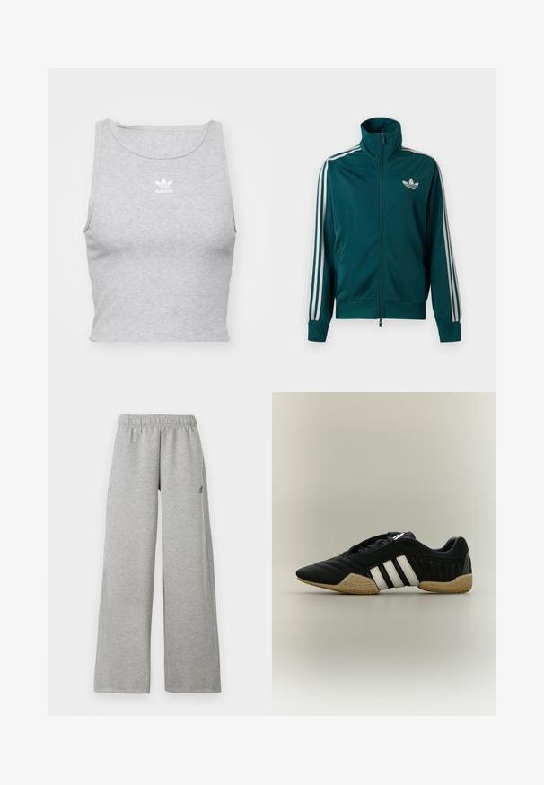 Tealkleurige trainingsjas met rits en hoge kraag, wit Adidas trefoil-logo op de borst en drie witte strepen langs elke mouw.; Grijze, mouwloze crop top gemaakt van een zachte stof, met een ronde halslijn en een klein wit Adidas-logo op de borst.; Lichtgrijze wijdvallende joggingbroek met elastische tailleband en klein zwart Adidas-logo op de rechterdij.; Zwart sportief schoen met witte strepen en beige getextureerde zool op een neutrale achtergrond, weergegeven in zijprofiel.