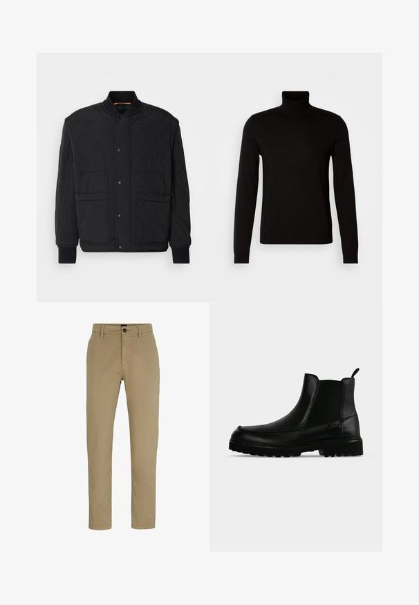 Chaqueta negra acolchada con cuello de canalé, cierre frontal con botones a presión y dos grandes bolsillos. Presenta una textura suave y un diseño acolchado.; Suéter negro de cuello alto confeccionado en un tejido de punto fino, con mangas largas y una silueta ajustada. Textura suave con puños acanalados.; Chinos de algodón beige con un ajuste slim, frente plano y cierre de botón. Presenta trabillas para cinturón y bolsillos laterales para mayor funcionalidad.; Bota negra de cuero hasta el tobillo con suela texturizada, paneles laterales elásticos y pestaña de tirador sobre fondo gris claro.