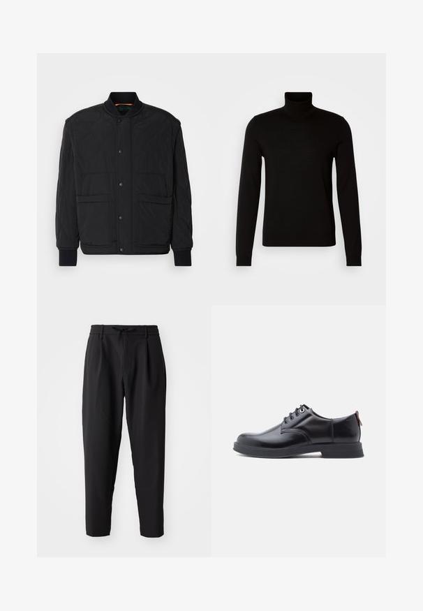 Sort quiltet jakke med ribbet krave, trykknaplukning foran og to store lommer. Har en glat tekstur og polstret design.; Sort turtleneck sweater lavet af et fint strikket stof, der har lange ærmer og en tætsiddende silhuet. Glat tekstur med ribbede manchetter.; Sorte tapered bukser med elastisk talje og snor. Glat stof med en let tekstur, udstyret med læg og sidelommer.; Sorte snørestøvler i læder med glat tekstur, rundet tå og diskrete syningsdetaljer. Har en rød trækflig på hælen.