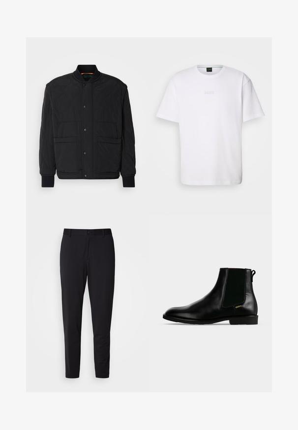 Veste matelassée noire avec un col côtelé, fermeture à boutons-pression à l'avant et deux grandes poches. Caractéristiques d'une texture lisse et d'un design rembourré.; T-shirt en coton blanc à manches courtes, col rond, avec un logo « BOSS » en relief sur la poitrine. Texture lisse, coupe standard.; Pantalon noir en tissu texturé, avec une coupe droite, une taille standard avec un bouton et des poches latérales.; Bottine en cuir noir avec panneau latéral élastique, talon bas, languette à l'arrière et petit logo doré "HUGO" sur le côté extérieur.