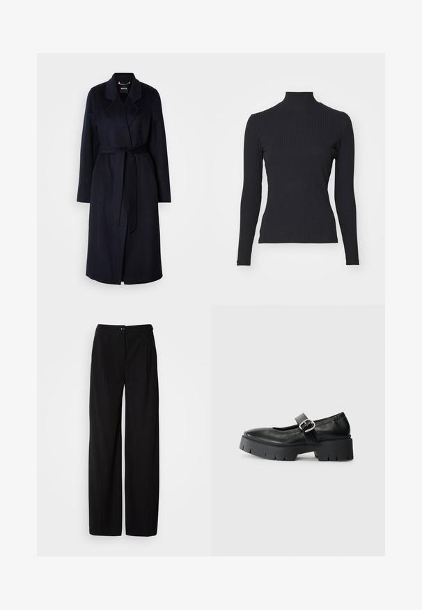 Manteau en laine bleu marine foncé avec une taille ceinturée, un col en V, des manches longues et une longueur mi-mollet. Texture lisse, design minimal, sans motifs visibles.; Haut noir à col roulé côtelé avec des manches longues. Fabriqué en tissu extensible avec une coupe ajustée et un col montant. Design simple sans embellissements.; Pantalons large en noir avec un tissu tissé lisse ; dotés d'une fermeture à bouton et d'un design plissé pour une silhouette structurée.; Chaussures Mary Jane noires en cuir avec une semelle plateforme épaisse, bout rond et détail de boucle sur le côté. Texture lisse avec des coutures minimalistes.