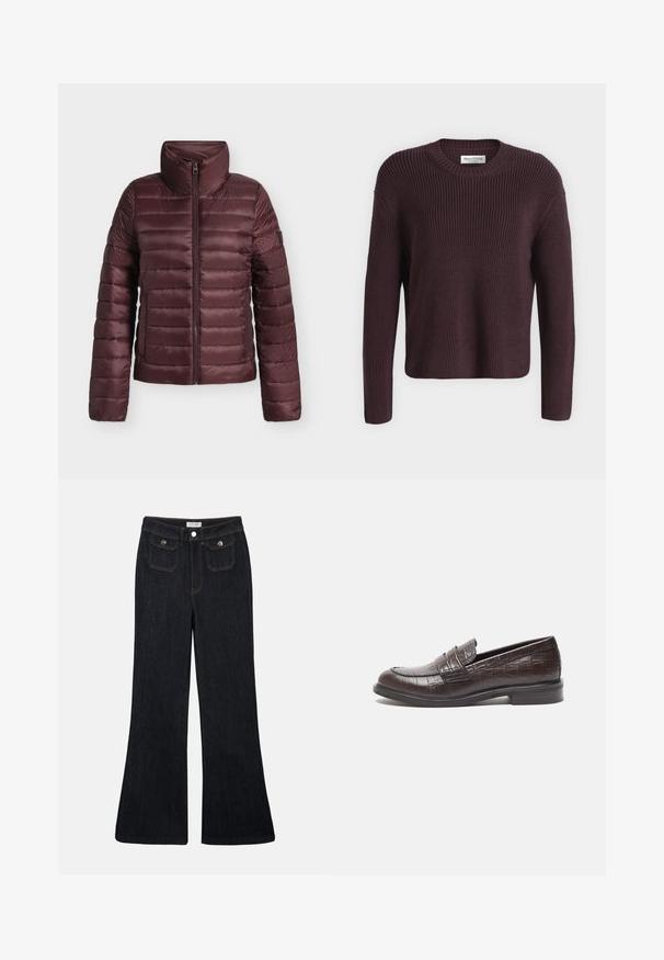 Mørkerød quiltet dunjakke med høj krave og frontlynlås, designet til varme og let komfort.; Mørkebrun ribstrikket sweater med lange ærmer og rund hals, vist på hvid baggrund. Ingen synlige dekorationer eller mønstre.; Sorte denim jeans med høj talje, flared ben, to frontlommer og orange syninger. Materialet ser solidt og glat ud.; Mørkebrune læder loafers med krokodilletekstur, lav hæl og syede detaljer foran for ekstra design.