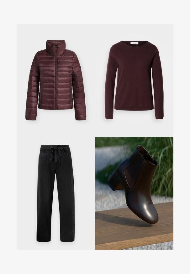 Chaqueta acolchada granate con cuello alto y cremallera frontal, diseñada para ofrecer calor y comodidad ligera.; Suéter burdeos de manga larga con cuello redondo, textura suave y diseño minimalista. Cuenta con puños acanalados y un dobladillo recto.; Pantalones vaqueros negros de mezclilla con cintura elástica, diseño de pierna recta, cinco bolsillos y una sutil textura desgastada.; Botín de cuero marrón con punta redonda y un tacón bajo en bloque, que presenta paneles laterales elásticos y un acabado suave y brillante.